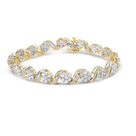 10k Yellow Gold 5.00 Cttw Round-Cut and Baguette-Cut Diamond Floral Link 7.25" Bracelet (I-J Color, I2-I3 Clarity) WEM Support (www.WEM.support)