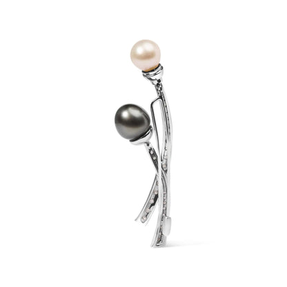 18K White Gold 3/5 Cttw Diamond and Cultured South Sea Black and White Pearl Brooch Pin (H-I Color, VS1-VS2 Clarity) WEM Support (www.WEM.support)