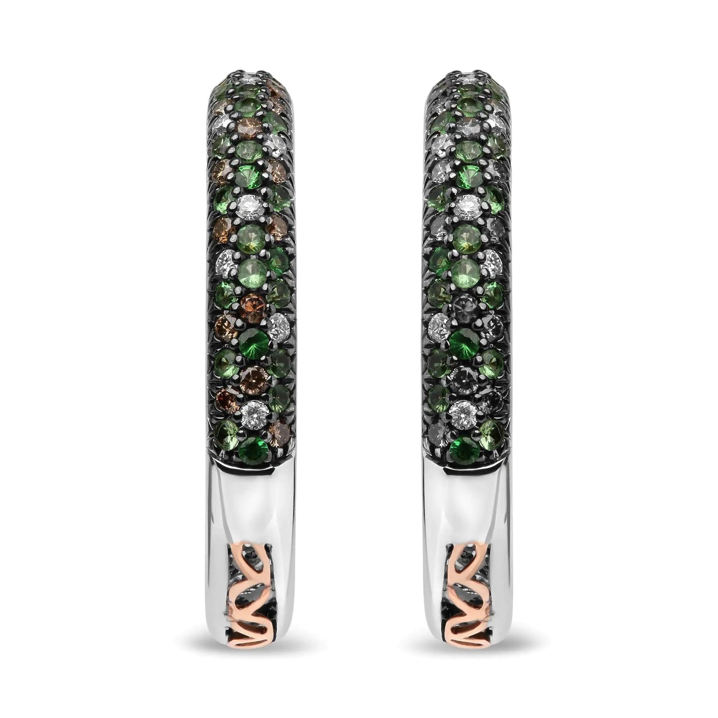 18K White Gold 1.00 Cttw Brown and White Diamond and 1.3mm Round Green Tsavorite Gemstone Inside Outside Hoop Earrings (Brown and G-H Color, SI1-SI2 Clarity) WEM Support (www.WEM.support)
