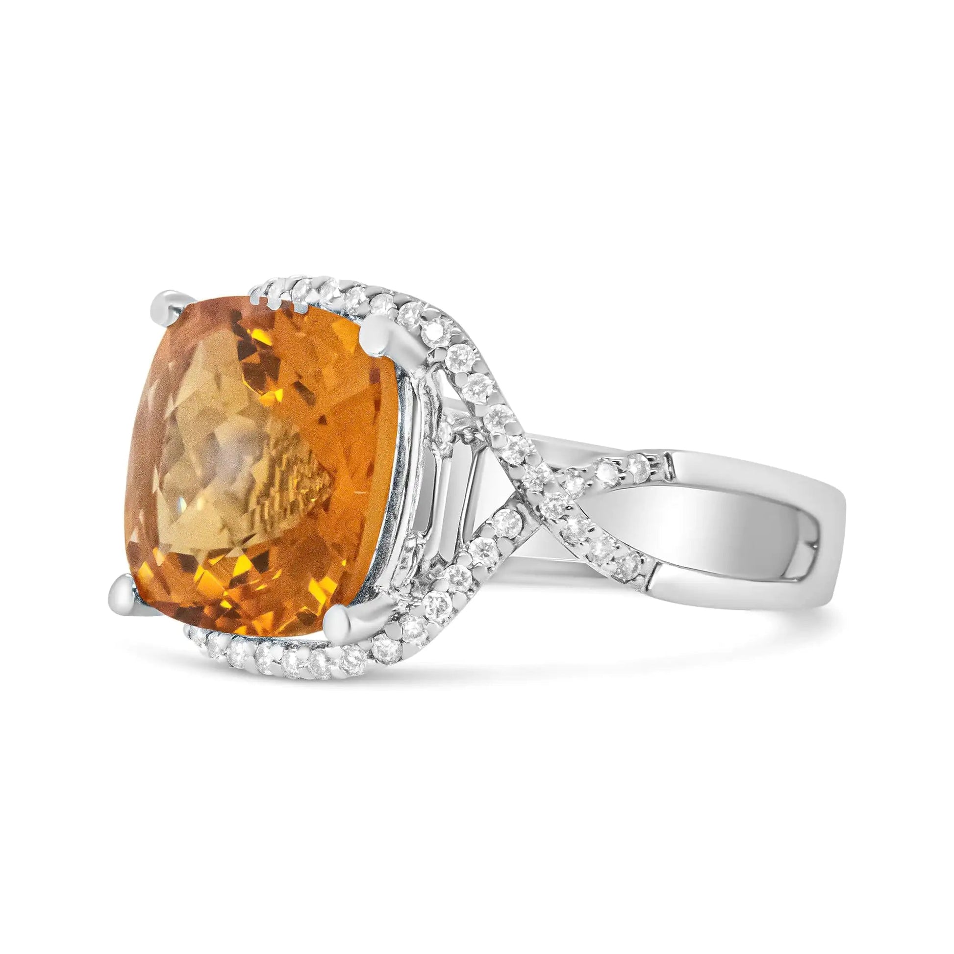 14K White Gold 12mm Cushion Cut Yellow Citrine Gemstone and 1/3 Cttw Round Pave-Set Diamond Ring - (H-I Color, VS1-VS2 Clarity) WEM Support (www.WEM.support)