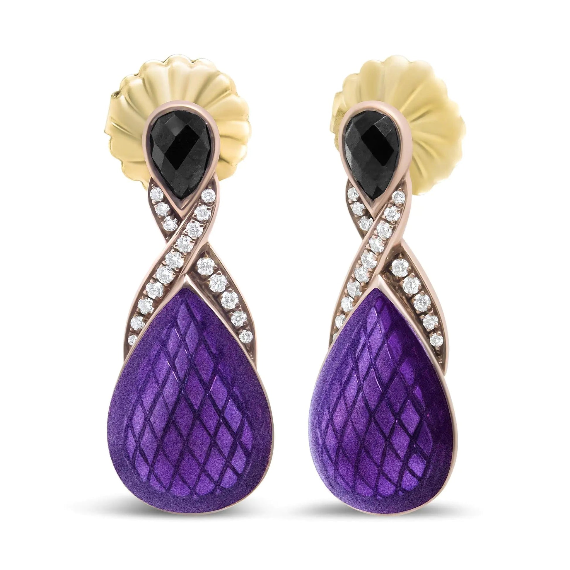 18K Rose Gold Flash Plated .925 Sterling Silver Purple Enamel 1/5 Cttw Round Pave-Set Diamond and 5.5 x 4mm Pear-Shaped Black Onyx Drop Earrings (F-G Color, VS1-VS2 Clarity) WEM Support (www.WEM.support)