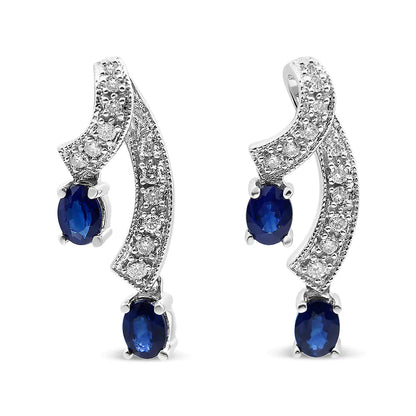 14K White Gold 4x3MM Oval Shaped Natural Blue Sapphire Gemstone and 1/5 Cttw Diamond Double 3/4" Inch Drop Stud Earrings (J-K Color, SI2-I1 Clarity) WEM Support (www.WEM.support)