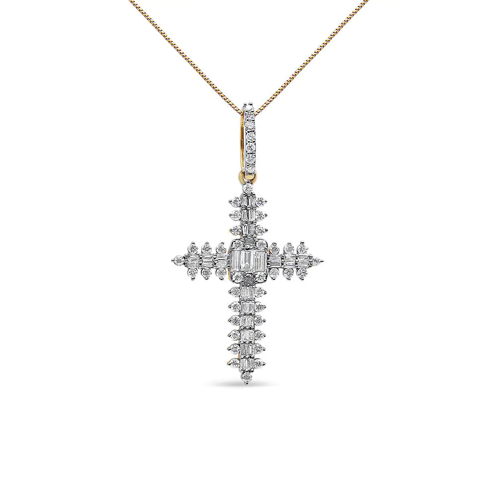 10K Yellow Gold 7/8 Cttw Round & Baguette Diamond Zigzag Pattern Cross Pendant Necklace (H-I Color, SI2-I1 Clarity) - NO CHAIN INCLUDED WEM Support (www.WEM.support)