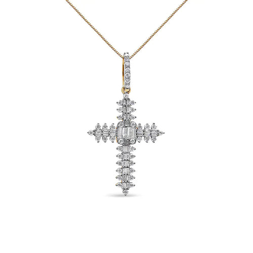10K Yellow Gold 7/8 Cttw Round & Baguette Diamond Zigzag Pattern Cross Pendant Necklace (H-I Color, SI2-I1 Clarity) - NO CHAIN INCLUDED WEM Support (www.WEM.support)