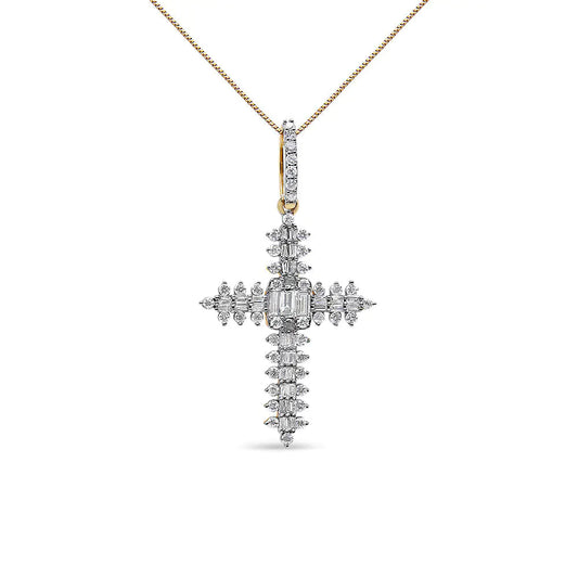 10K Yellow Gold 7/8 Cttw Round & Baguette Diamond Zigzag Pattern Cross Pendant Necklace (H-I Color, SI2-I1 Clarity) - NO CHAIN INCLUDED WEM Support (www.WEM.support)