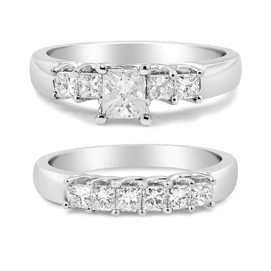 14K White Gold 1 1/2 Cttw 5 Stone Princess Diamond Engagement Wedding Ring Set (H-I Color, SI2-I1 Clarity) WEM Support (www.WEM.support)