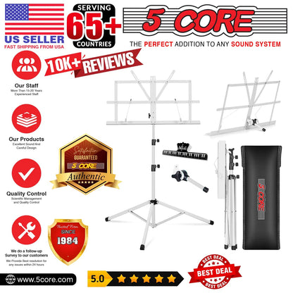 Suporte de Música 5Core para Partituras Portátil Tripé Ajustável Dobrável Porta-Notas BRANCO WEM Support (www.WEM.support)