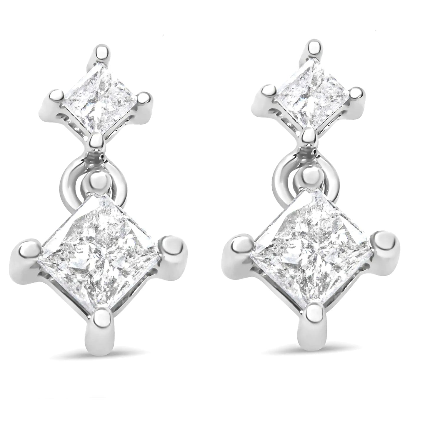 14K White Gold 3/8 Cttw Princess-Cut Diamond Double Dangle 2 Stone Stud Drop Earrings for Women (I-J Color, I2-I3 Clarity) WEM Support (www.WEM.support)