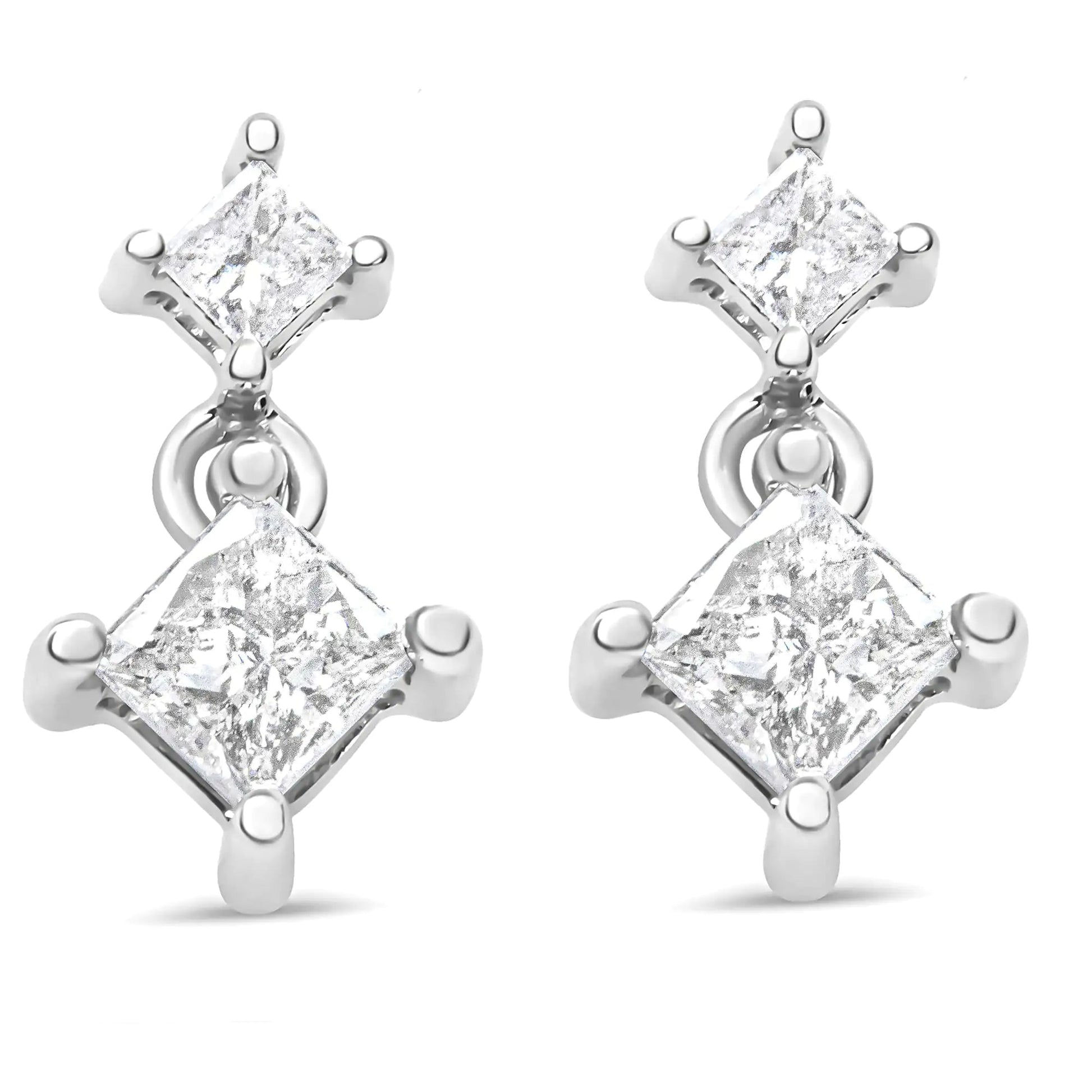 14K White Gold 3/8 Cttw Princess-Cut Diamond Double Dangle 2 Stone Stud Drop Earrings for Women (I-J Color, I2-I3 Clarity) WEM Support (www.WEM.support)