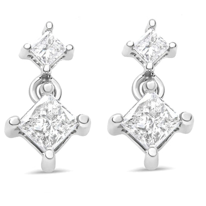 14K White Gold 3/8 Cttw Princess-Cut Diamond Double Dangle 2 Stone Stud Drop Earrings for Women (I-J Color, I2-I3 Clarity) WEM Support (www.WEM.support)