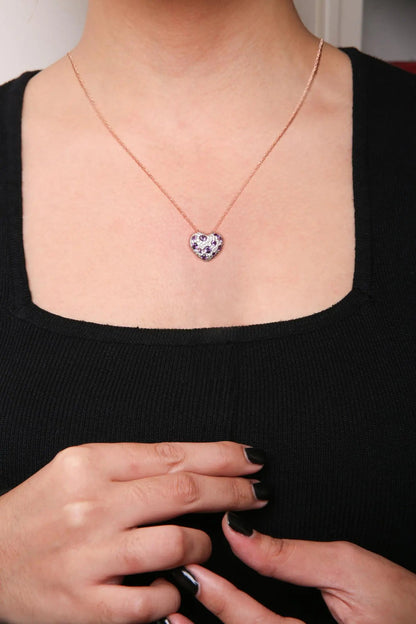 18K Rose Gold 3/4 Cttw Diamond and Purple Amethyst Cluster Heart Shape 18" Pendant Necklace (G-H Color, SI1-SI2 Clarity) WEM Support (www.WEM.support)