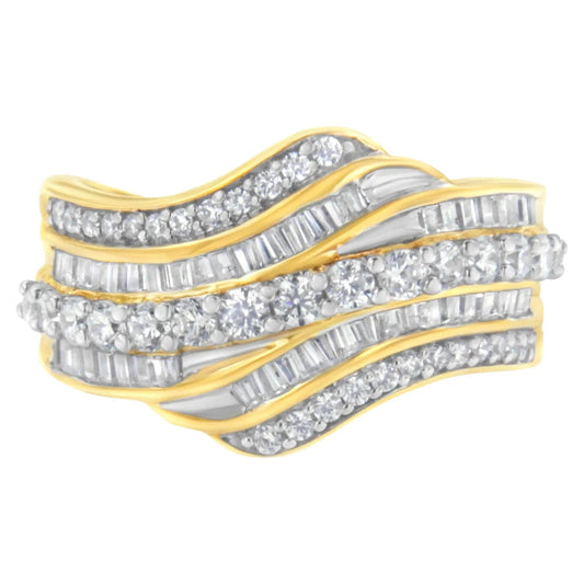 10K Yellow Gold 1.0 Cttw Baguette and Round Diamond Multi-Row Wave Bypass Ring (I-J Color, I1-I2 Clarity) WEM Support (www.WEM.support)