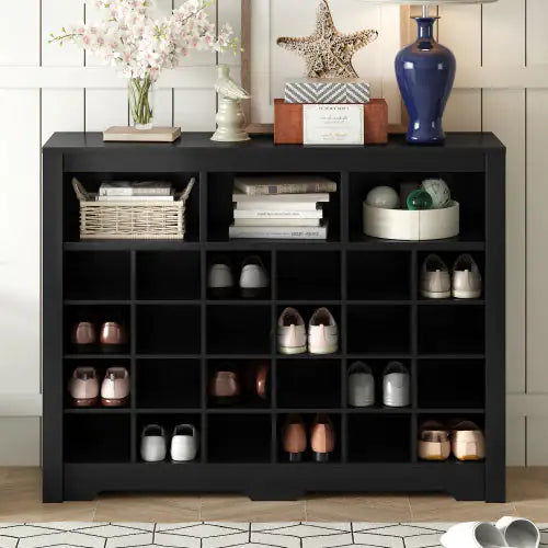 Stylish Design 24 Shoe Cabinet Console, Modern Shoe Cabinet With Curved Base, Multifunctional Sideboard, High Quality, For Corridor, Bedroom, Living Room, Black WEM Support (www.WEM.support)
