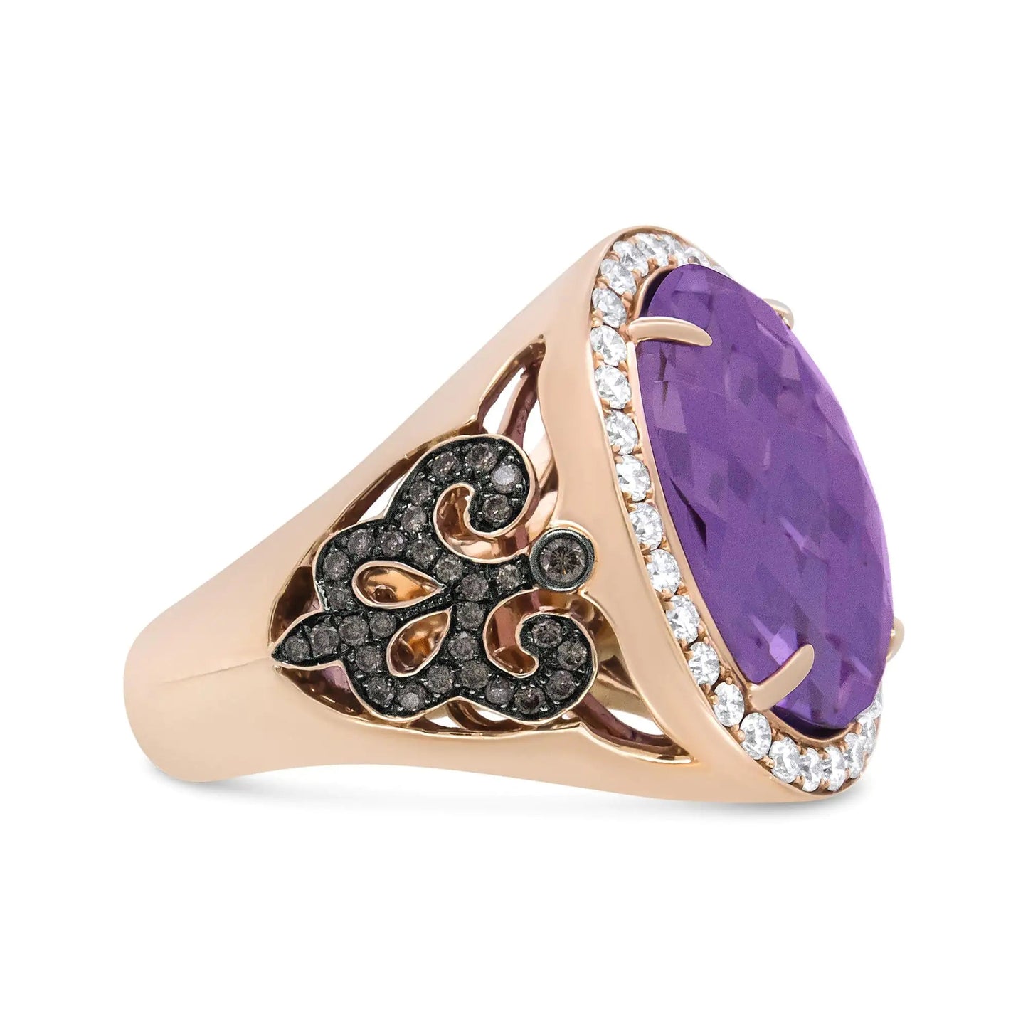 18K Rose Gold 18x13 MM Oval Cut Purplse Amethyst and 1.00 Cttw Diamond Cocktail Ring (Champagne and F-G Color, VS1-VS2 Clarity) WEM Support (www.WEM.support)