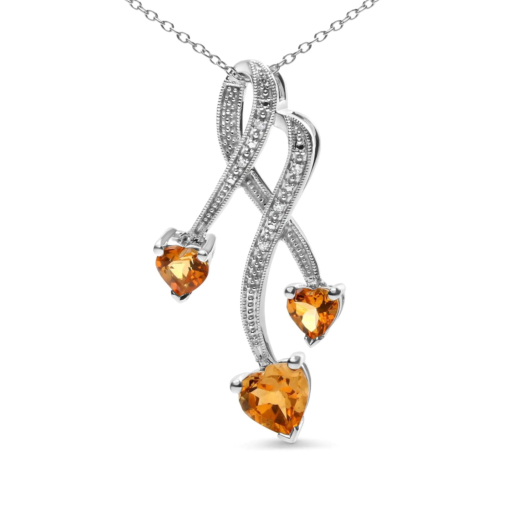 .925 Sterling Silver 3-Stone Heart Shape Citrine and Diamond Accent Spiral Drop 18" Pendant Necklace (H-I Color, SI1-SI2 Clarity) WEM Support (www.WEM.support)