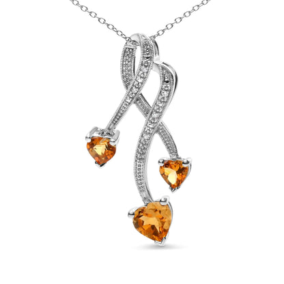 .925 Sterling Silver 3-Stone Heart Shape Citrine and Diamond Accent Spiral Drop 18" Pendant Necklace (H-I Color, SI1-SI2 Clarity) WEM Support (www.WEM.support)