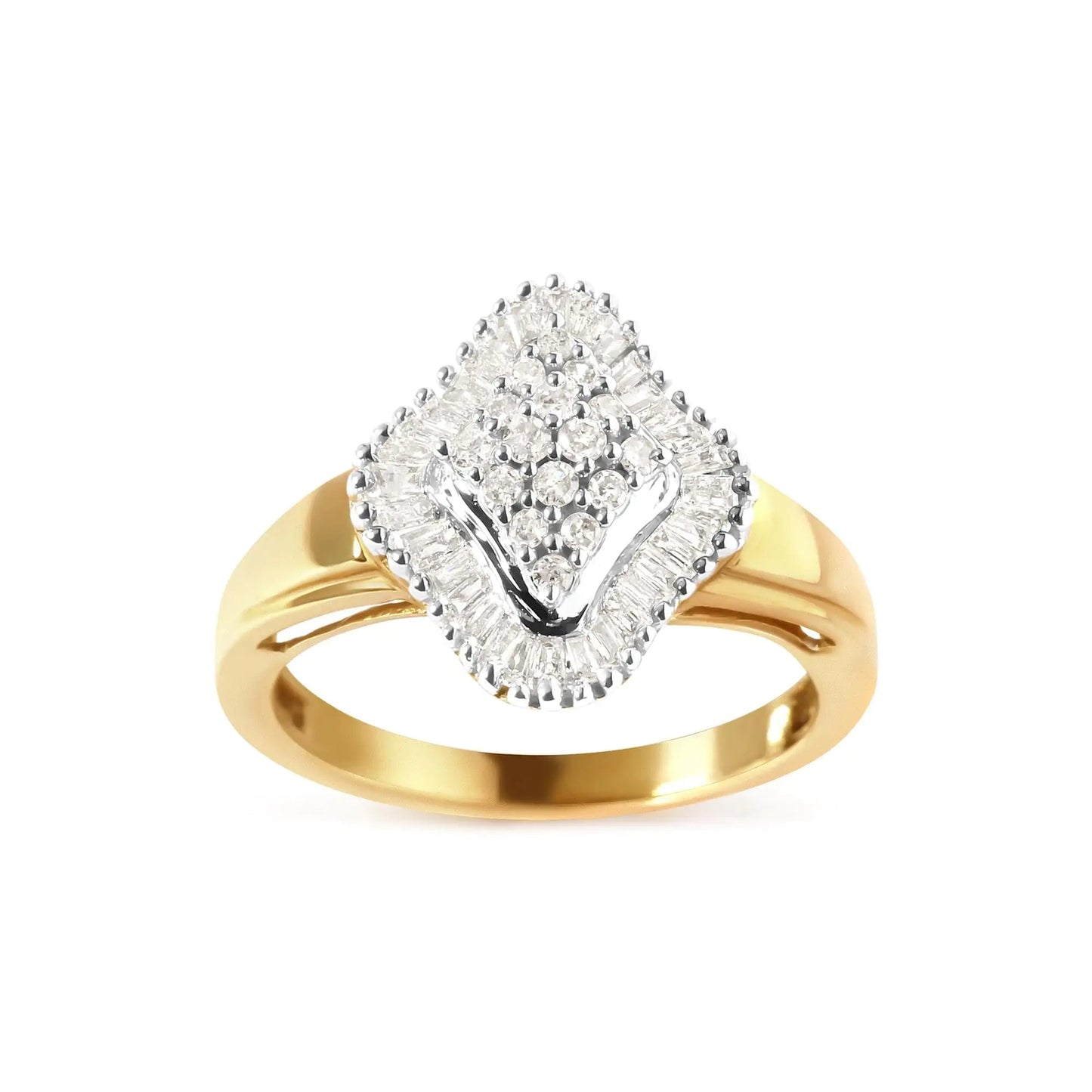 10K Yellow Gold 1/2 Cttw Round And Baguette-cut Diamond Rhombus Head and Halo Ring (I-J Color, I1-I2 Clarity) WEM Support (www.WEM.support)
