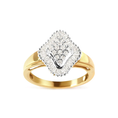 10K Yellow Gold 1/2 Cttw Round And Baguette-cut Diamond Rhombus Head and Halo Ring (I-J Color, I1-I2 Clarity) WEM Support (www.WEM.support)