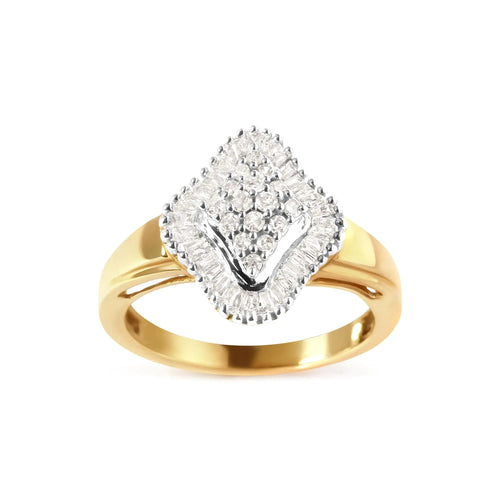 10K Yellow Gold 1/2 Cttw Round And Baguette-cut Diamond Rhombus Head and Halo Ring (I-J Color, I1-I2 Clarity) WEM Support (www.WEM.support)