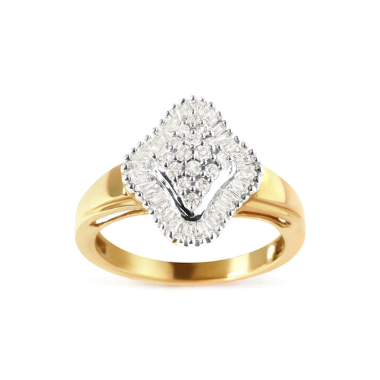10K Yellow Gold 1/2 Cttw Round And Baguette-cut Diamond Rhombus Head and Halo Ring (I-J Color, I1-I2 Clarity) WEM Support (www.WEM.support)