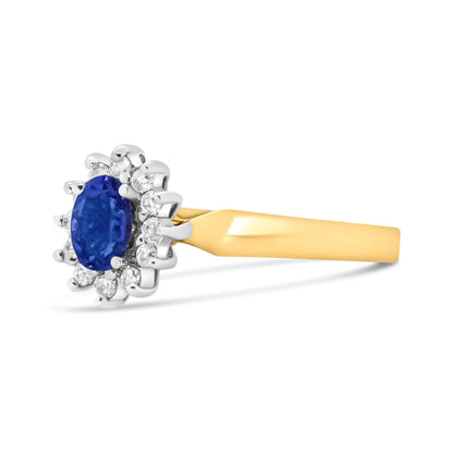 14K Yellow Gold 1/5 Cttw Round Diamond and 6x4mm Oval Blue Tanzanite Halo Ring (H-I Color, I1-I2 Clarity) WEM Support (www.WEM.support)