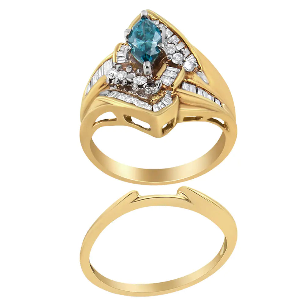 14K Yellow and White Gold 1 1/4 Cttw Treated Blue Diamond Cocktail Ring Set (H-I Color, SI1-SI2 Clarity) WEM Support (www.WEM.support)