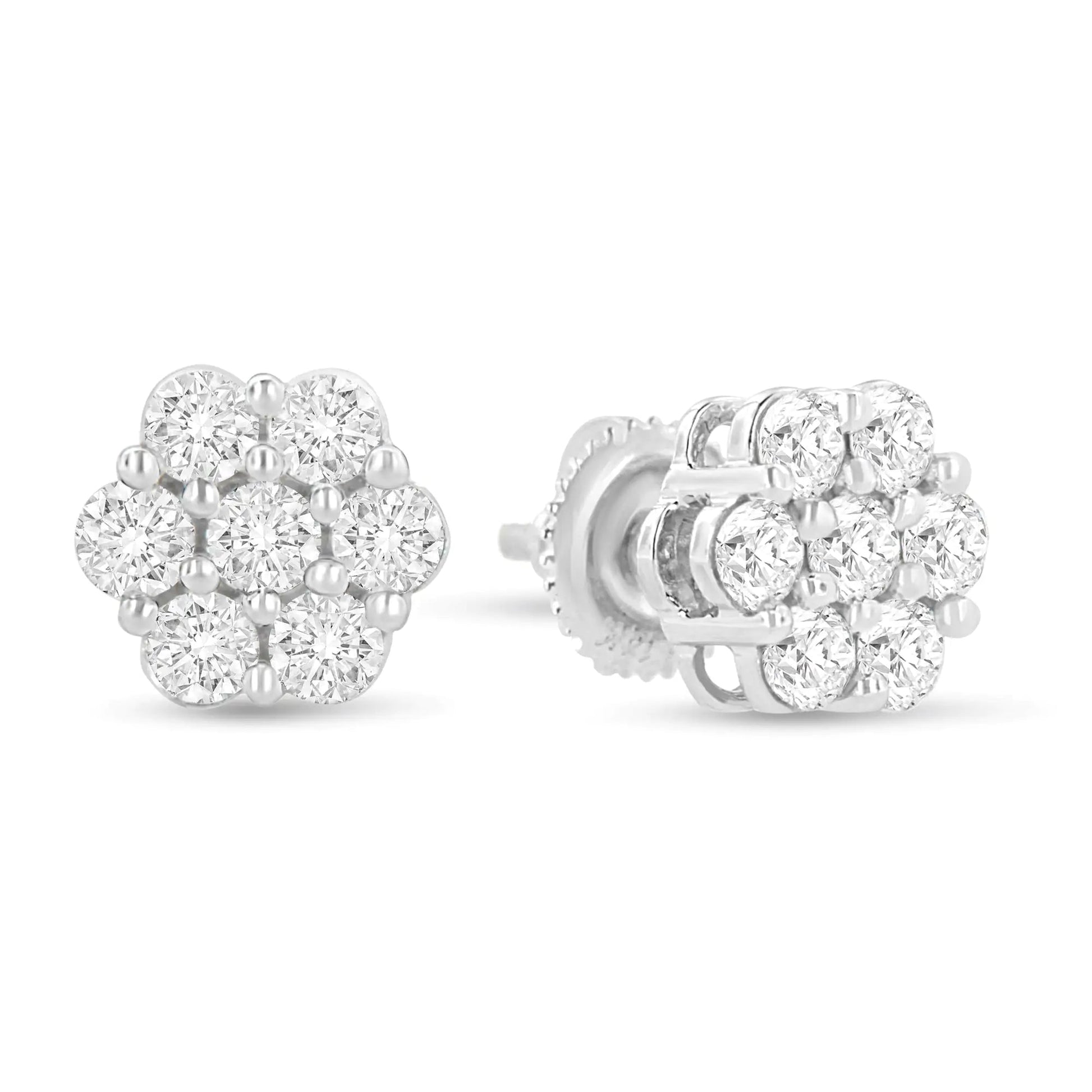 14K White Gold 1 1/2 cttw Prong Set Round-Cut Diamond Floral Cluster Stud Earrings (I-J Color, SI1-SI2 Clarity) WEM Support (www.WEM.support)