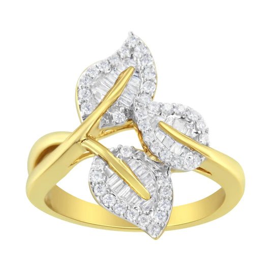 10k Yellow and White Gold 1/2 Cttw Baguette and Round Diamond Bypass Triple Leaf Ring (I-J Color, I1-I2 Clarity) WEM Support (www.WEM.support)