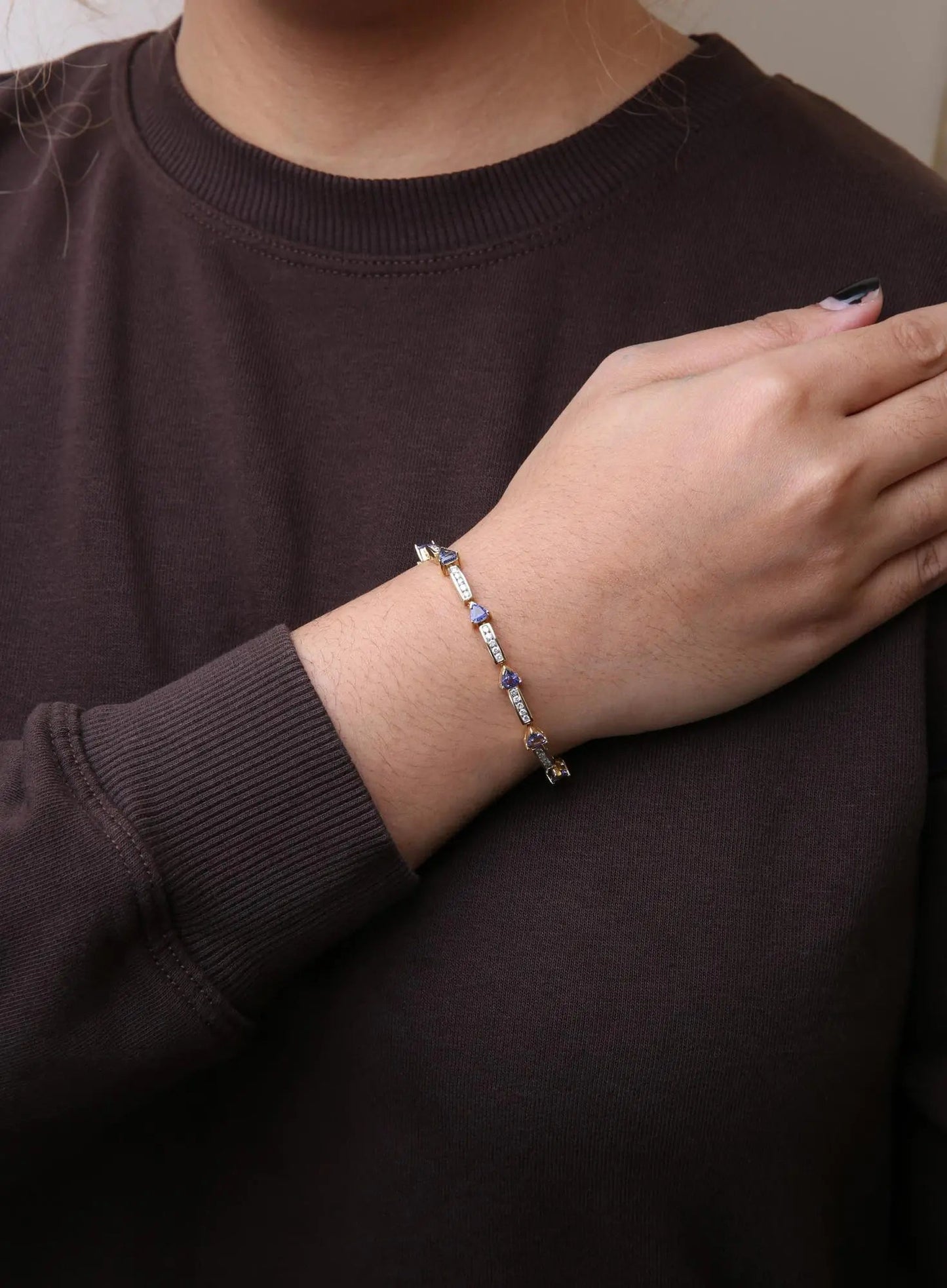 14K Yellow 5MM Trillion Cut Blue Tanzanite and 1 1/10 Cttw Diamond Tennis 7" Inches Bracelet (H-I Color, I1-I2 Clarity) WEM Support (www.WEM.support)