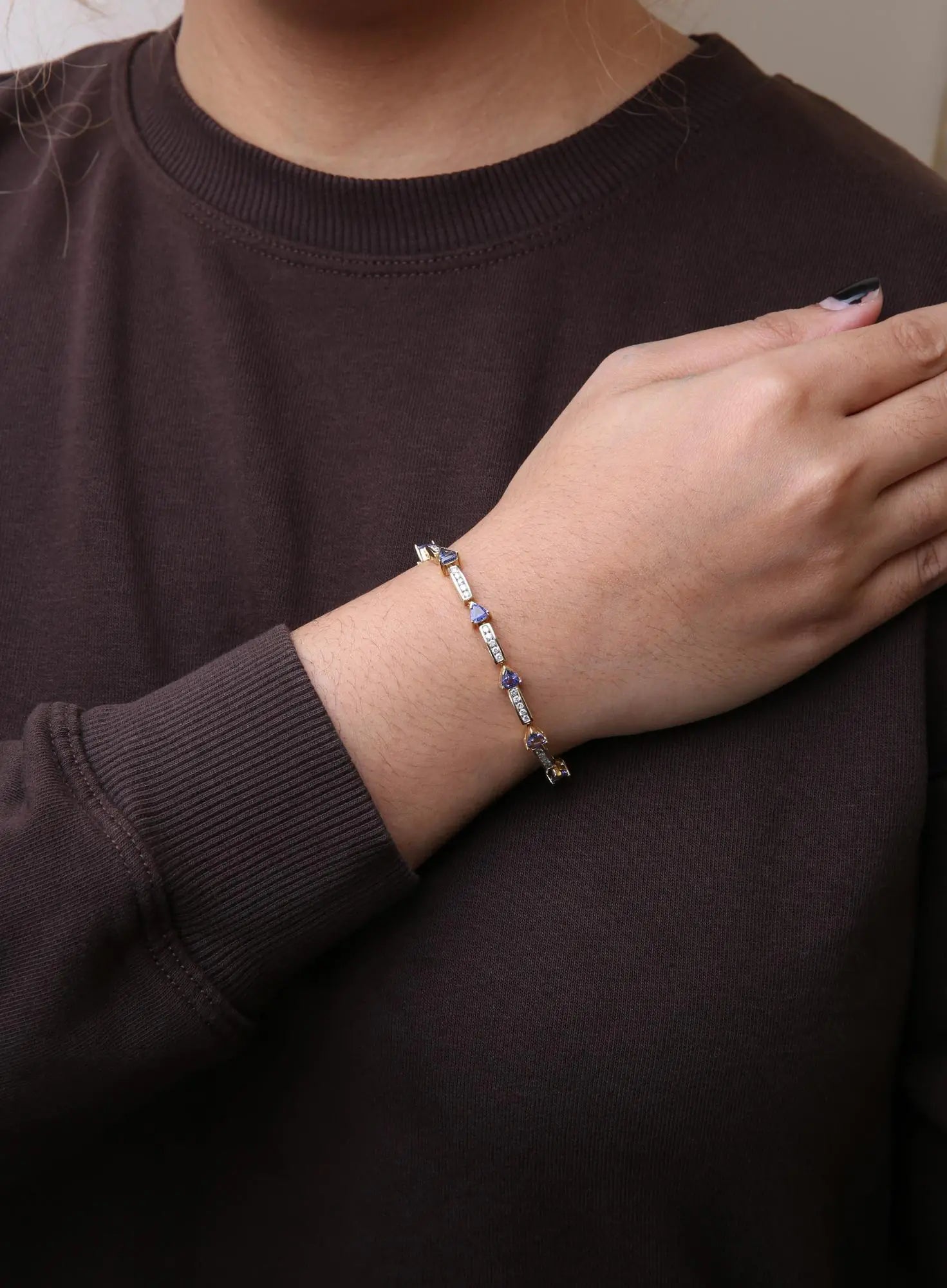 14K Yellow 5MM Trillion Cut Blue Tanzanite and 1 1/10 Cttw Diamond Tennis 7" Inches Bracelet (H-I Color, I1-I2 Clarity) WEM Support (www.WEM.support)
