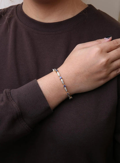 14K Yellow 5MM Trillion Cut Blue Tanzanite and 1 1/10 Cttw Diamond Tennis 7" Inches Bracelet (H-I Color, I1-I2 Clarity) WEM Support (www.WEM.support)