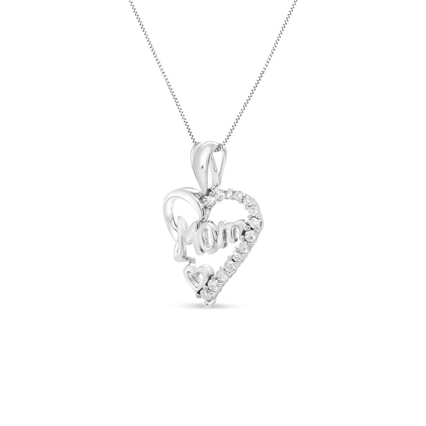.925 Sterling Silver 1/4 Cttw Round Diamond "Mom" Openwork Heart Pendant 18" Necklace (I-J Color, I2-I3 Clarity) WEM Support (www.WEM.support)