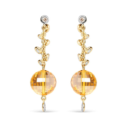 18K Yellow Gold 2/3 Cttw Round Bezel Diamond and 25mm Ball Shaped Yellow Citrine Gemstone Dangle Stud Earring (Brown and G-H Color, SI1-SI2 Clarity) WEM Support (www.WEM.support)