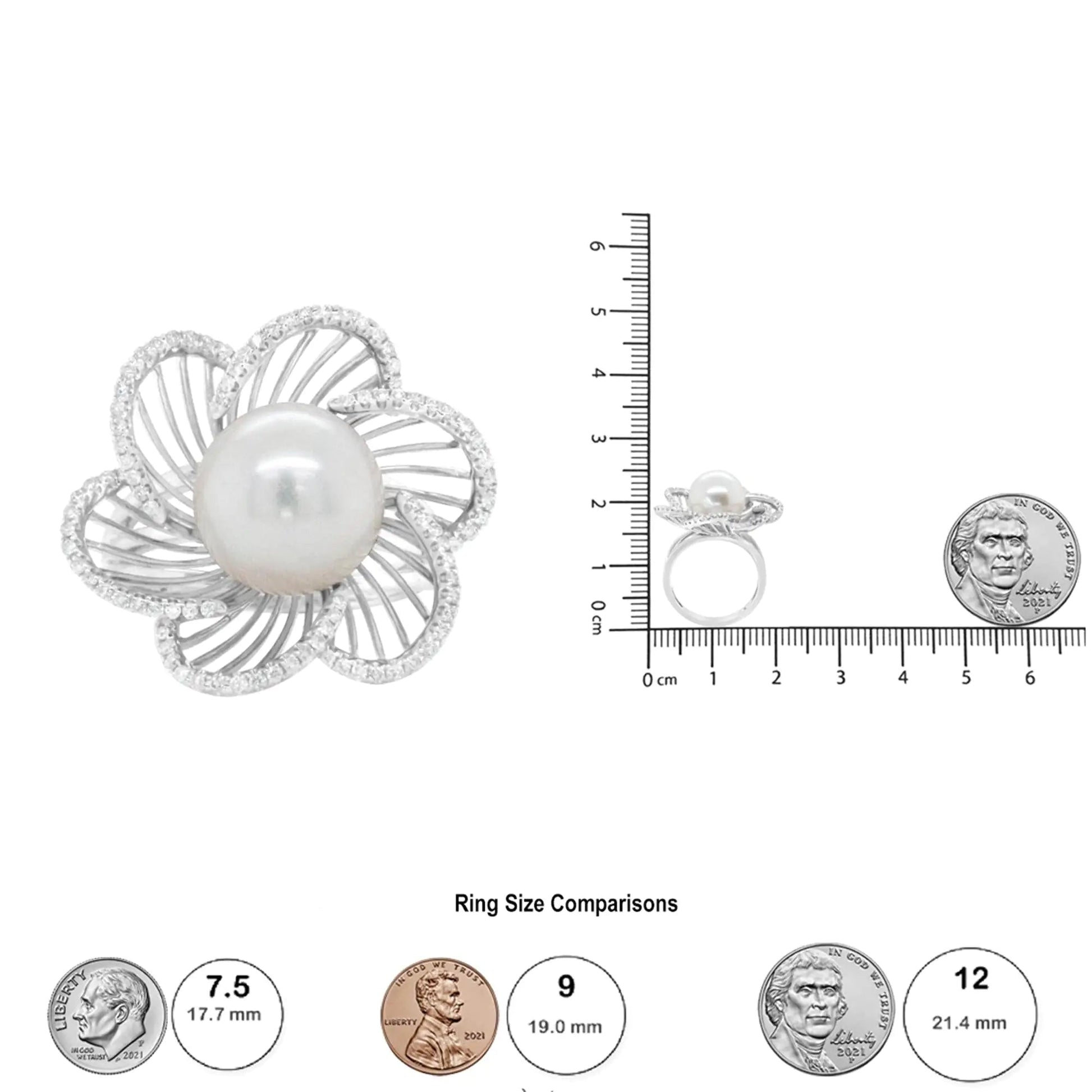 14K White Gold 11mm Round Pearl and 1/3 Cttw Round Diamond Openwork Flower Blossom Ring (H-I Color, VS1-VS2 Clarity) WEM Support (www.WEM.support)