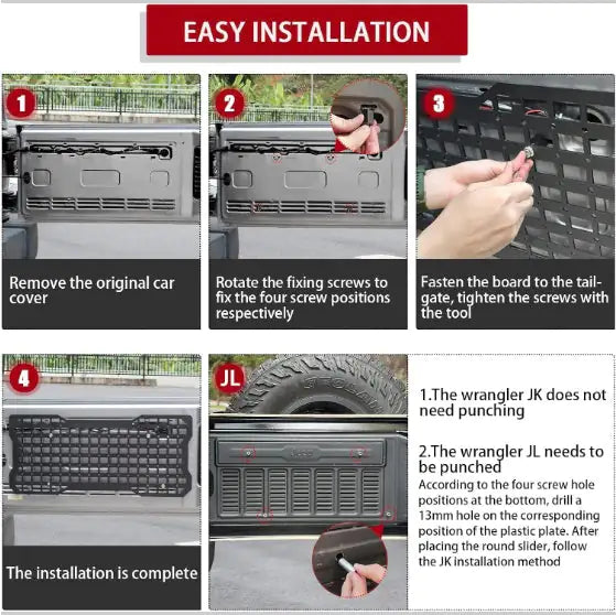 Tailgate Tactical Panel For Wrangler Tailgate Tool Kit Organizer Racks Compatible With  Wrangler 2007-2022 JK JKU  2018-2022 JL JLU WEM Support (www.WEM.support)