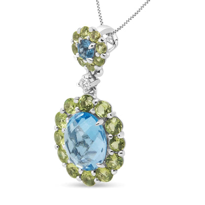 18k White Gold 0.05 Cttw Round Diamond and Blue Topaz and Green Peridot Gemstone Halo Drop 18" Pendant Necklace (F-G Color, VS1-VS2 Clarity) WEM Support (www.WEM.support)